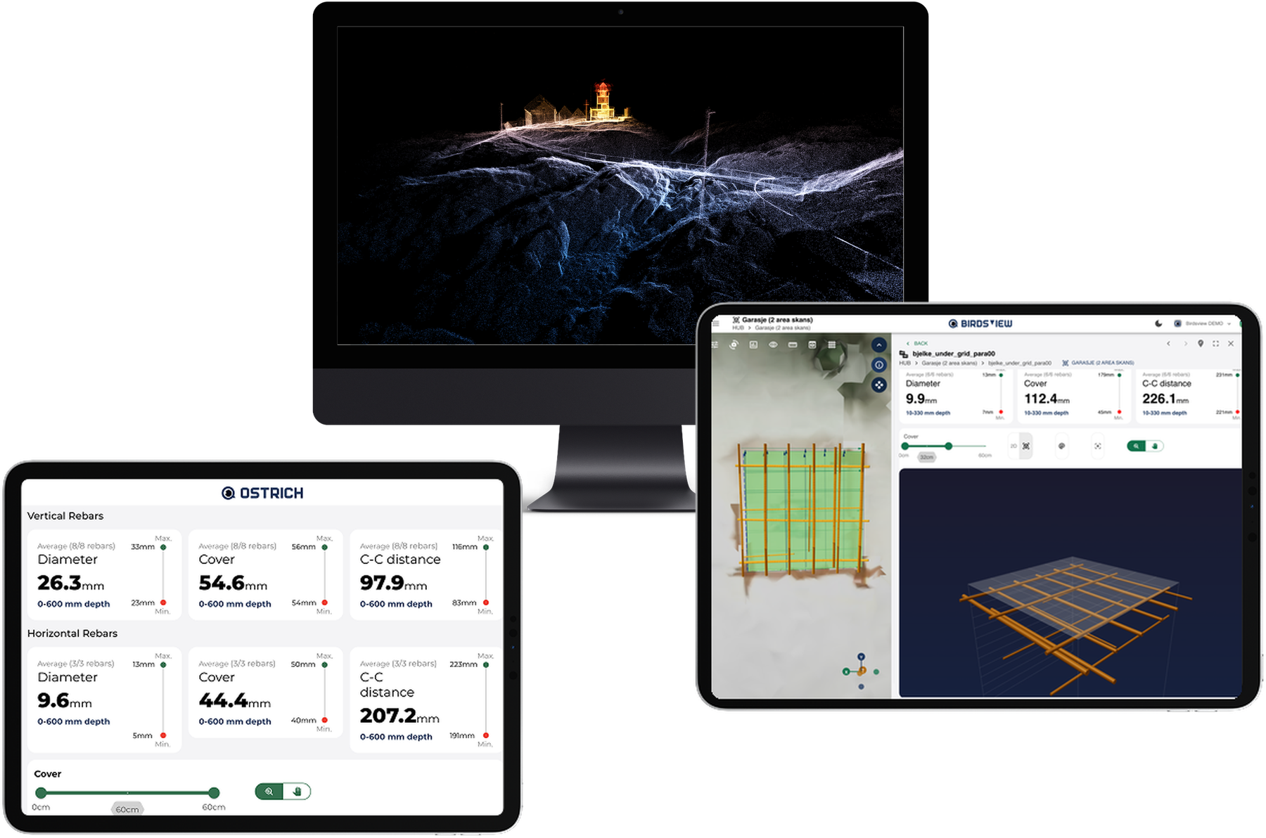 Desktop, tablet and iPad showing a point cloud and rebar measurements in the Birdsview platform