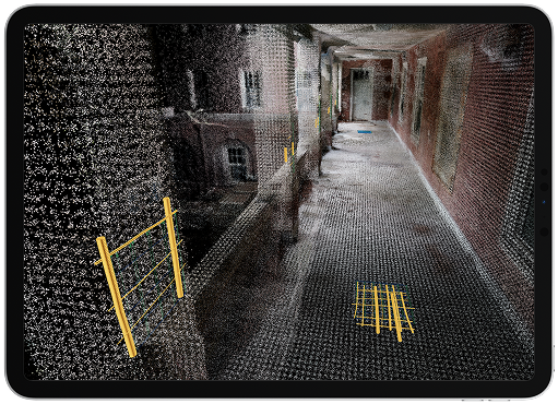 Tablet showing a live point cloud with detected rebar