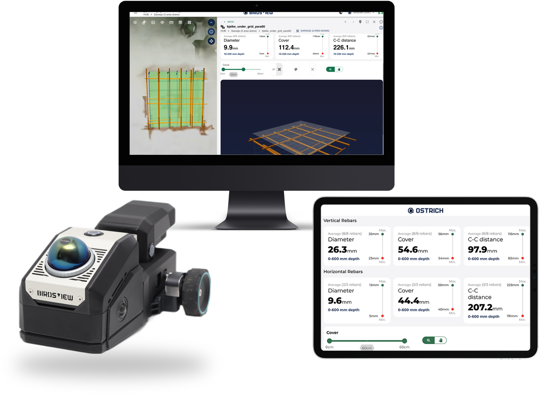 The 3D tracker clipped onto a radar, with results shown on a desktop and a tablet